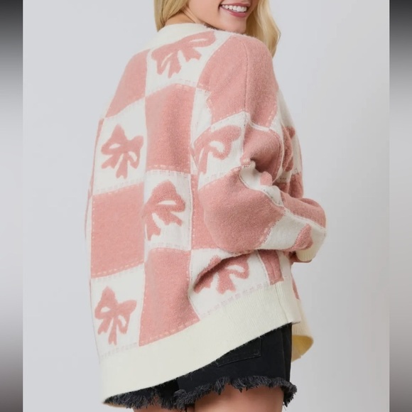 Jane Bow Check Sweater ✨ 3D Bow and Square Pattern Oversized Cardigan - Picture 6 of 8